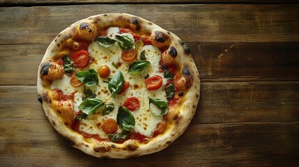 Poster - Delicious pizza topped with fresh vegetables and basil on rustic wooden surface