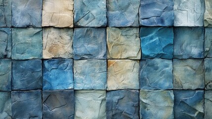 Poster - Textured seamless background pattern of multicolored stone squares showcasing natural stone variations in blue and beige tones.
