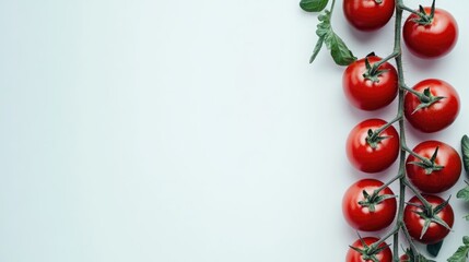 Poster - Fresh vine-ripened tomatoes arranged aesthetically on a light backdrop showcasing vibrant red colors and lush green leaves for culinary themes