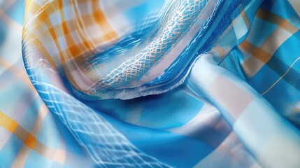 Poster - Silk scarf texture in blue with metal stripe and pastel abstract patchwork pattern for fashion and textile design backgrounds