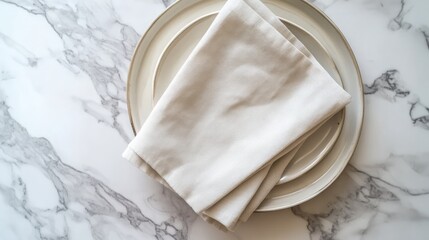 Poster - Minimalist flat lay of a folded kitchen napkin on a decorative plate against a marble table background for mockup and copy space use.