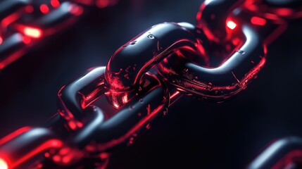 Poster - Close up of illuminated metal chain links with water droplets showcasing a futuristic and industrial aesthetic