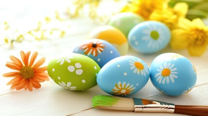 Aufkleber - Colorful Easter eggs with floral designs arranged on a table alongside a paintbrush and fresh flowers for festive decoration ideas