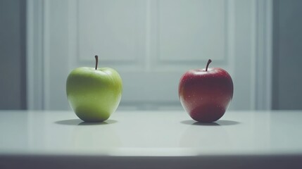 Poster - Fresh green and red apples displayed on a white surface highlighting their colors and textures in a minimalist setting.