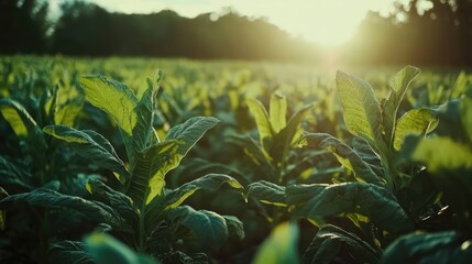 Poster - Tobacco plantation with vibrant green leaves at sunrise showcasing agricultural growth and crop cultivation in a serene field setting