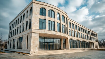 Poster - Modern architectural facade of a business center showcasing symmetrical design and contemporary finishing materials under a cloudy sky