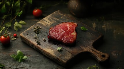 Poster - Savory pork ham on a rustic wooden board with fresh herbs and cherry tomatoes in a dark background setting