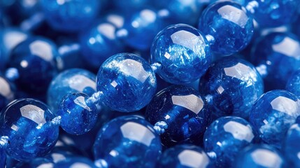 Poster - Close-up of shiny blue beads showcasing intricate texture and vibrant color suitable for jewelry or decorative design backgrounds.