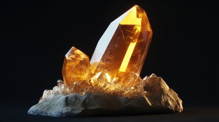 Poster - Golden topaz crystal specimen showcasing geological beauty and unique formations with vibrant color and intricate textures against a dark background.