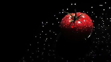 Aufkleber - Fresh ripe tomato with water droplets on black background dramatic shadows and ample space for text or promotional content.