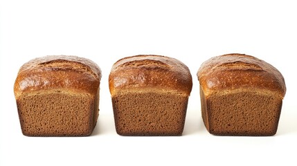 Poster - Three freshly baked loaves of homemade bread arranged symmetrically on a clean white background showcasing artisanal craftsmanship.