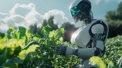 Poster - Futuristic robotic farmer tending to a vegetable field showcasing advanced agricultural automation and technology in a sustainable environment