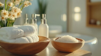 Aufkleber - Spa setting with towels and bowls of salt on a wooden surface surrounded by natural light and greenery for a calming atmosphere