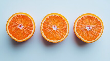 Poster - Three vibrant tangerine slices arranged symmetrically on a bright white background showcasing their juicy texture and freshness.