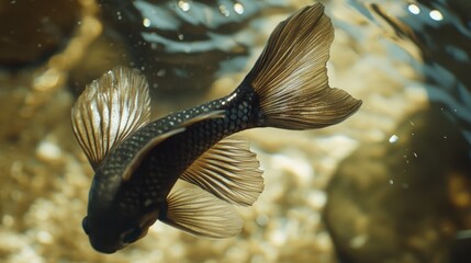Poster - Soft focus motion blur of fish swimming gracefully in a tranquil aquarium environment with natural water reflections and stones