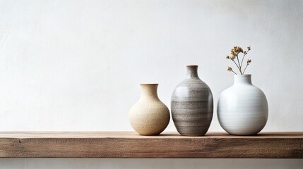 Poster - Three elegant ceramic vases on a minimalist wooden shelf showcasing modern interior decor and natural elements with ample copy space