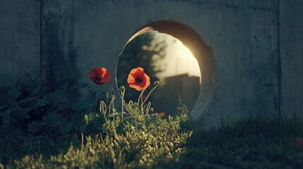 Aufkleber - Morning sunlight shines through a concrete wall revealing green grass and vibrant red poppy flowers creating a serene nature scene.