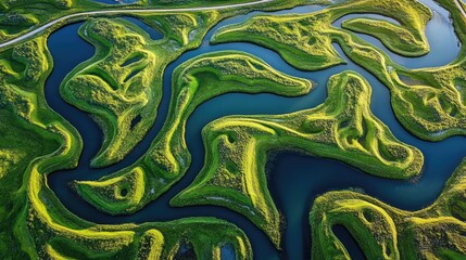 Poster - Aerial view of Iceland's river basins revealing intricate winding patterns and vibrant green landscapes in a stunning natural tapestry.