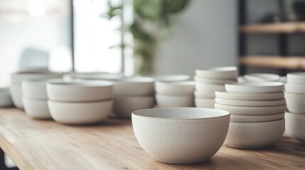 Poster - Minimalist table setting with ceramic dinnerware in soft natural light on wooden surface showcasing modern dining aesthetics and simplicity