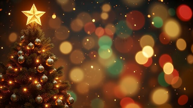 Top View of a Sparkling Christmas Tree with a Glowing Golden Star on it, Festival Background Surrounded by Festive Lights and Warm Colors.