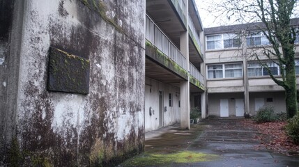 Poster - Weathered cement walls with moss growth showcasing rustic charm in an urban setting surrounded by fallen leaves and a stark building facade.