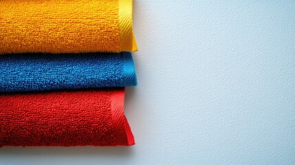 Poster - Colorful towels neatly stacked on a clean white background showcasing vibrant hues for a fresh and inviting aesthetic in home decor.