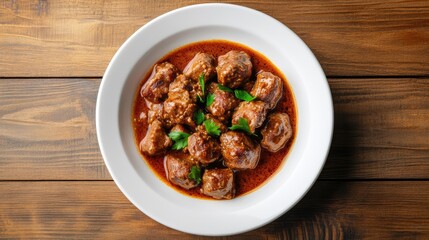 Poster - Panang curry with pork served in a white bowl on a rustic wooden table showcasing traditional Thai cuisine