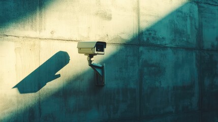 Poster - Modern CCTV security camera mounted on a textured wall illustrating surveillance technology and monitoring concept in contemporary settings