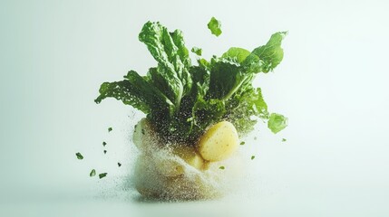 Poster - Fresh chard and potatoes splashing in mid-air with a clean white background showcasing vibrant colors and textures of healthy ingredients