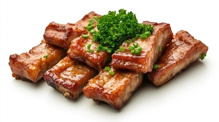 Poster - Crispy fried pork lard garnished with fresh herbs on a clean white background