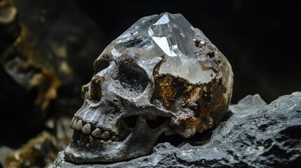Poster - Skeletal limonite with clear quartz crystal on textured mineral surface in natural light setting