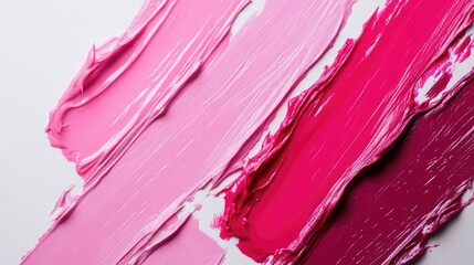 Poster - Brightly colored lipstick smears on a light background showcasing various pink shades and textures in a top view composition.