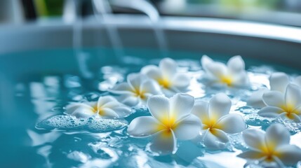 Poster - Relaxing spa bath with frangipani flowers for self-care tranquility and romance in a serene organic setting.
