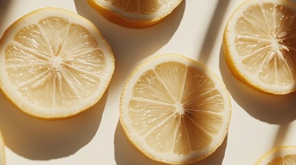 Poster - Fresh lemon slices arranged on a light background creating a vibrant and refreshing visual appeal for culinary or beverage themes