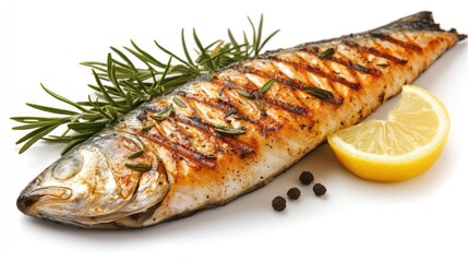 Poster - Grilled mackerel garnished with rosemary and lemon displayed on a clean white background highlighting a delicious seafood meal.