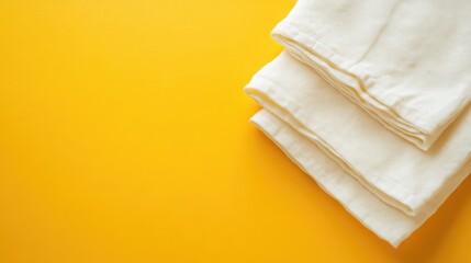 Aufkleber - Minimalist flat lay of folded white kitchen napkins on a vibrant yellow background with ample copy space for design or advertising purposes