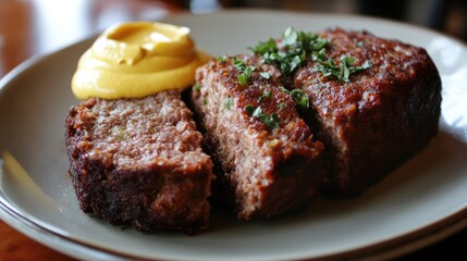 Poster - Sliced meatloaf served with mustard and garnished with fresh herbs on a rustic plate