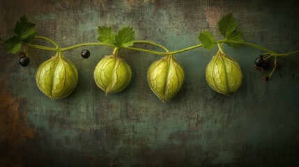 Poster - Three ripe gooseberries alongside fresh black currant stems on a textured green background showcasing vibrant natural produce.