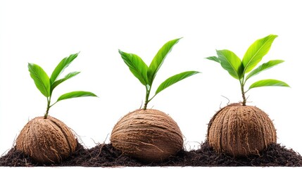 Poster - Coconut shoots emerging from nutrient-rich soil showcasing natural growth isolated on a white background for agricultural themes.