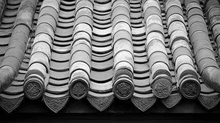 Aufkleber - Traditional Chinese Curved Roof Tiles in Monochrome with Intricate Detailing and Elegant Design Patterns