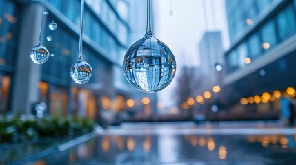 Poster - Macro photograph showcasing dew drops reflecting urban architecture on a serene winter morning with a soft, blurred background.