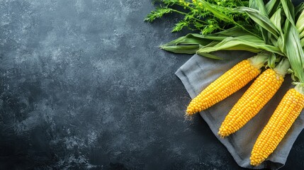 Poster - Freshly harvested sweet corn ears on dark textured background with space for text Close up of natural produce at farm market