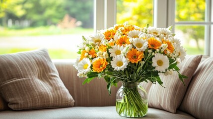 Aufkleber - Vibrant bouquet of yellow daisies and white flowers in a glass vase adding warmth and cheer to a cozy living room setting.