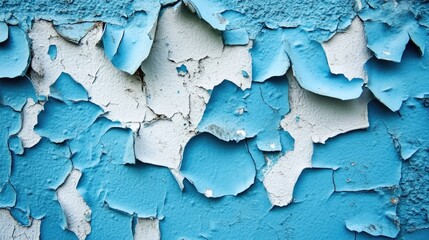 Poster - Textured peeling paint on an aged blue and white plaster wall creating a distressed background for artistic or design purposes