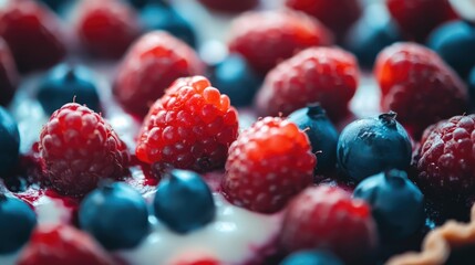 Poster - Fresh berry tart dessert with raspberries and blueberries on a rustic wooden table in vibrant close-up detail.