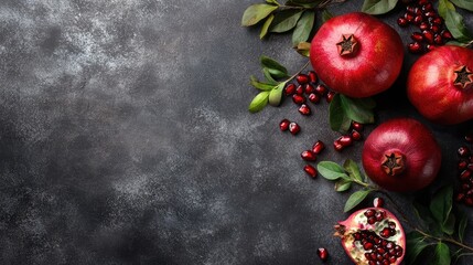 Poster - Fresh pomegranate fruits with leaves on dark textured background showcasing juicy seeds and vibrant colors for culinary or health concepts.