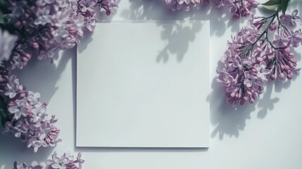 spring lilac flowers frame a blank notepad on a white background creating a serene and delicate flor