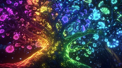 A digital representation of a taxonomy tree glowing in vibrant neon colors.