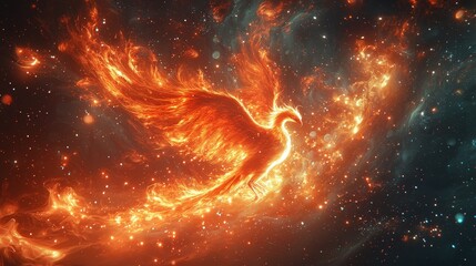 Wall Mural - a fire bird flying through the air in space