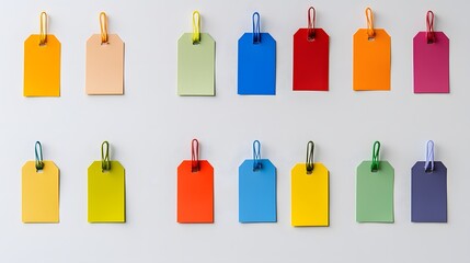 Aufkleber - A grid layout of colorful tags placed symmetrically on a clean white desk, representing segmentation.